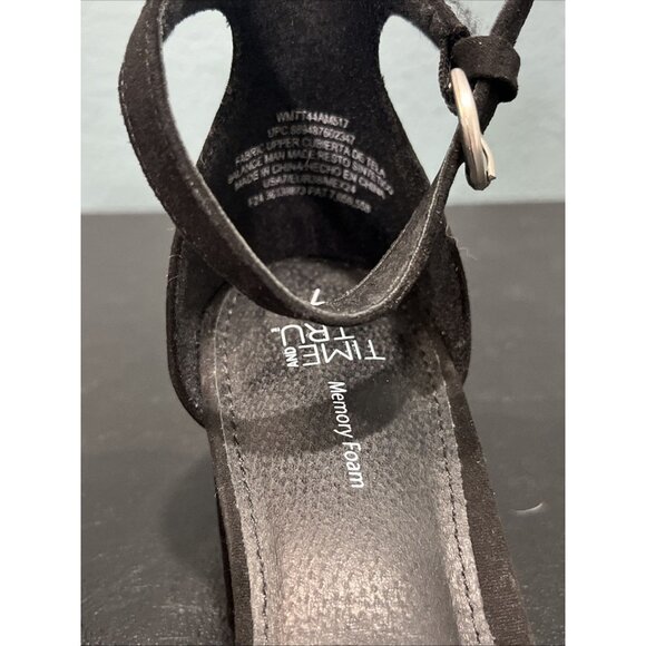Time And Tru Low Block Heels Womens Sz 7 Black Faux Suede Open Toe Ankle Strap - Picture 4 of 8